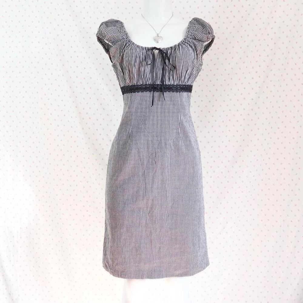 frank lyman gingham milkmaid dress black white cottagecore coquette
